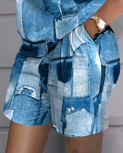 Ladies Casual Summer Two Piece Sets Printed Shorts Sets Women Round Neck Short Sleeve T Shirts Pullover High Waist Trousers Suit