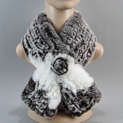 Hot Russian Women Knit Real Rex Rabbit Fur Scarf Lady Fashion Floral Rex Rabbit Fur Mufflers Hot Winter Warm Natural Fur Scarves