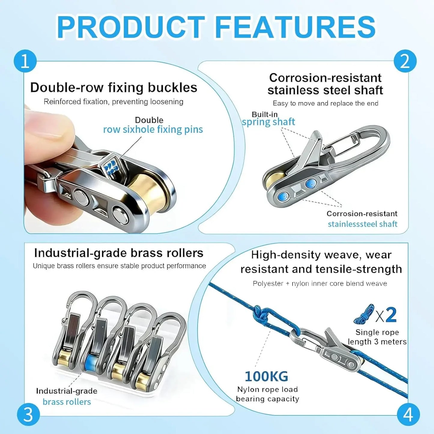 Heavy-duty rope lashing tools and tensioners, roller tensioners and adjustable buckles, with auxiliary ropes, ideal for camping