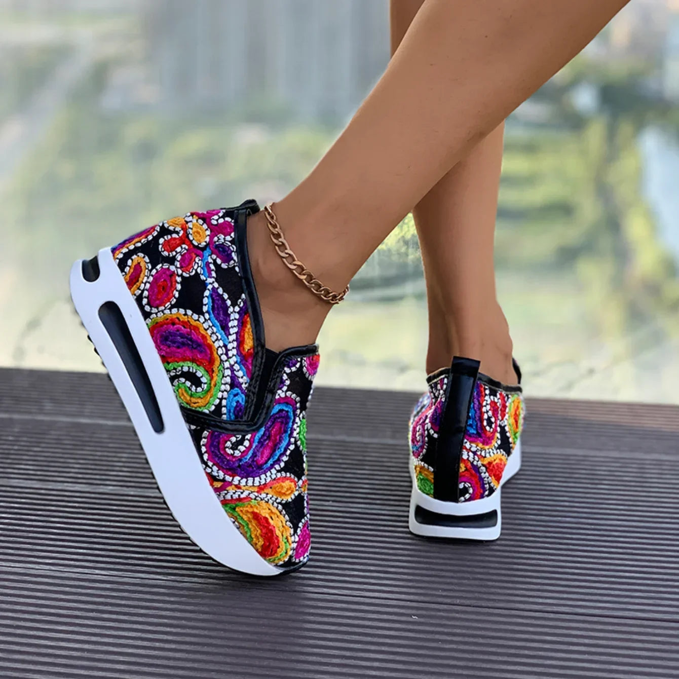 Women's Sneakers Rainbow Embroidered Platform Shoes for Women Breathable Mesh Loafers Lightweight Slip On Casual Shoes Plus Size