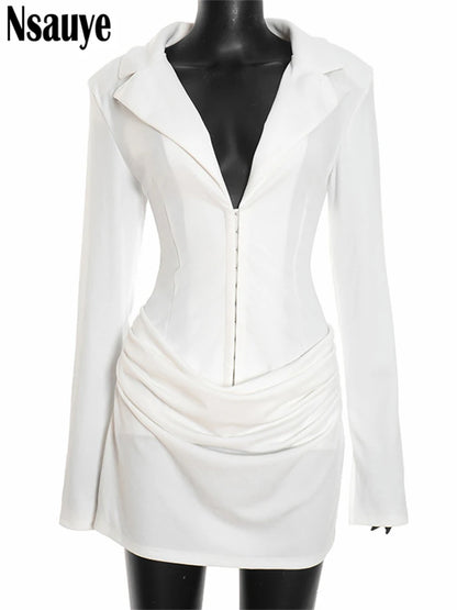 Nsauye Elegant Evening Short Dress Women Fall Long Sleeve Sexy Fashion Night Club Party White Mini Wrap Corset Dress 2025 Winter