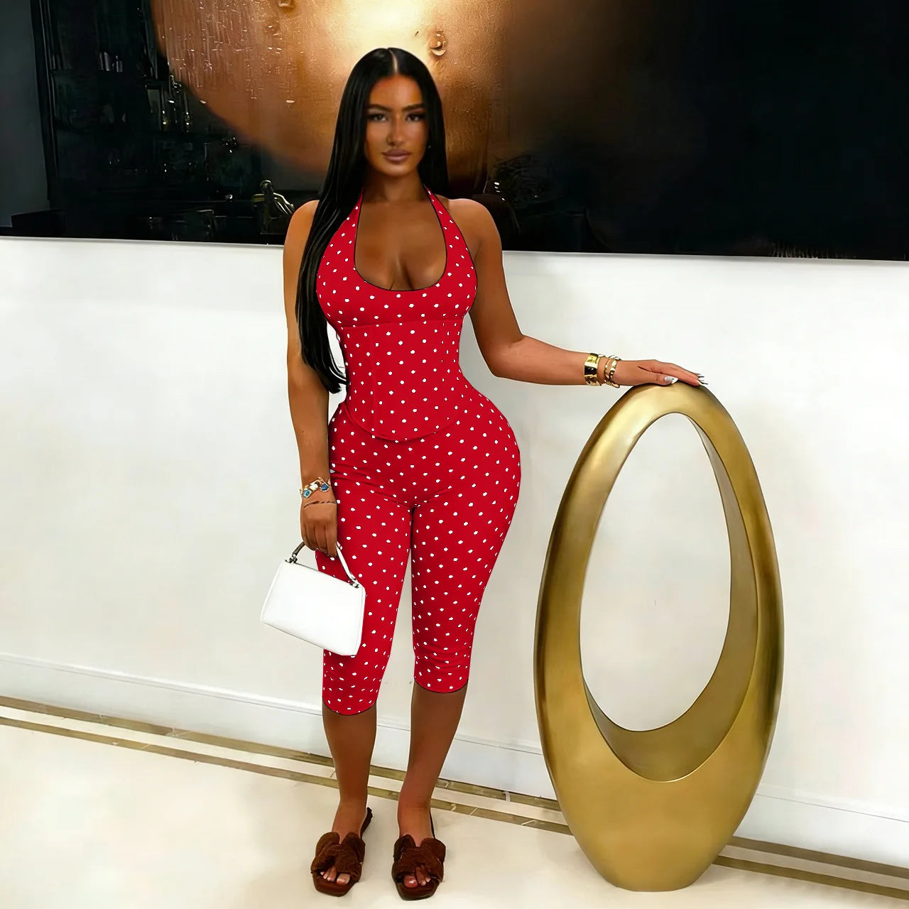 FAGADOER Sexy Polka Dot Print Bodycon Jumpsuits Woman Halter Deep V-neck Backless Rompers Female Streetwear Overalls 2026 New