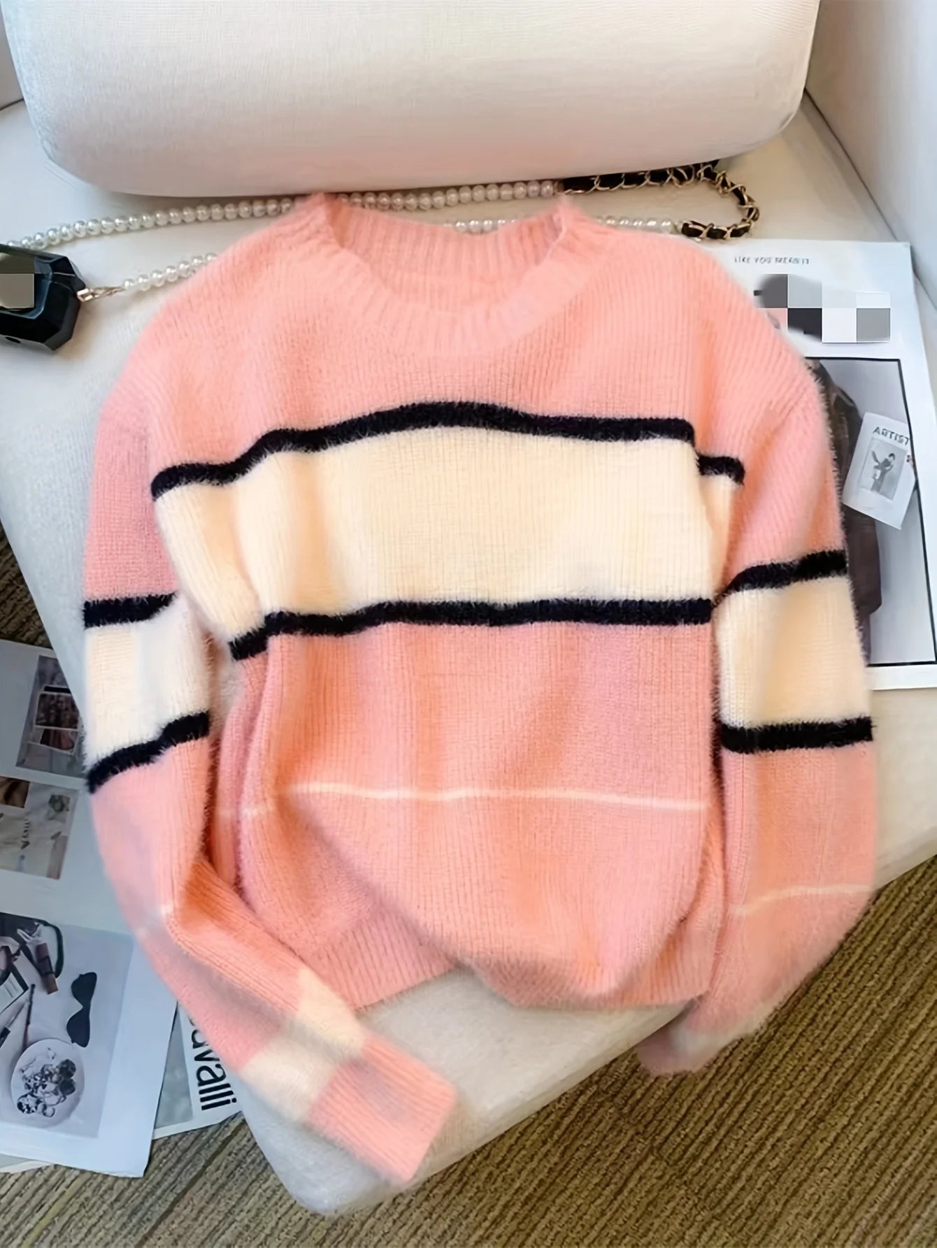 2026 New Winter Color Block Crew Neck Pullover Sweater,Crop Top Casual Long Sleeve Drop Shoulder Sweater Women's Clothing