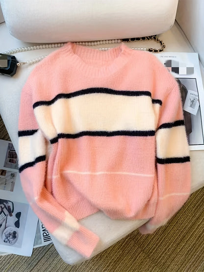 2026 New Winter Color Block Crew Neck Pullover Sweater,Crop Top Casual Long Sleeve Drop Shoulder Sweater Women's Clothing