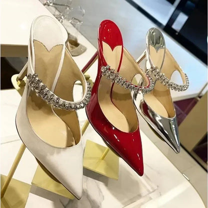 2025 New Fashionable Fine Heeled Muller Shoes with Pointed Water Diamond Chain Banquet Shallow Mouth Women's High Heel Sandals