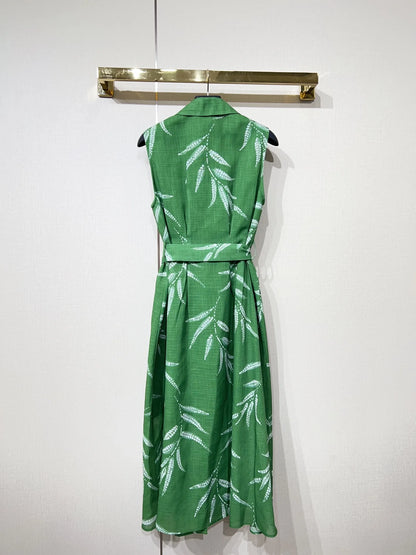 ZJYT New Summer Women's Sleeveless Green Dress Elegant Print Single Breasted Casual Holiday Midi Dresses Vestidos Female Clothes