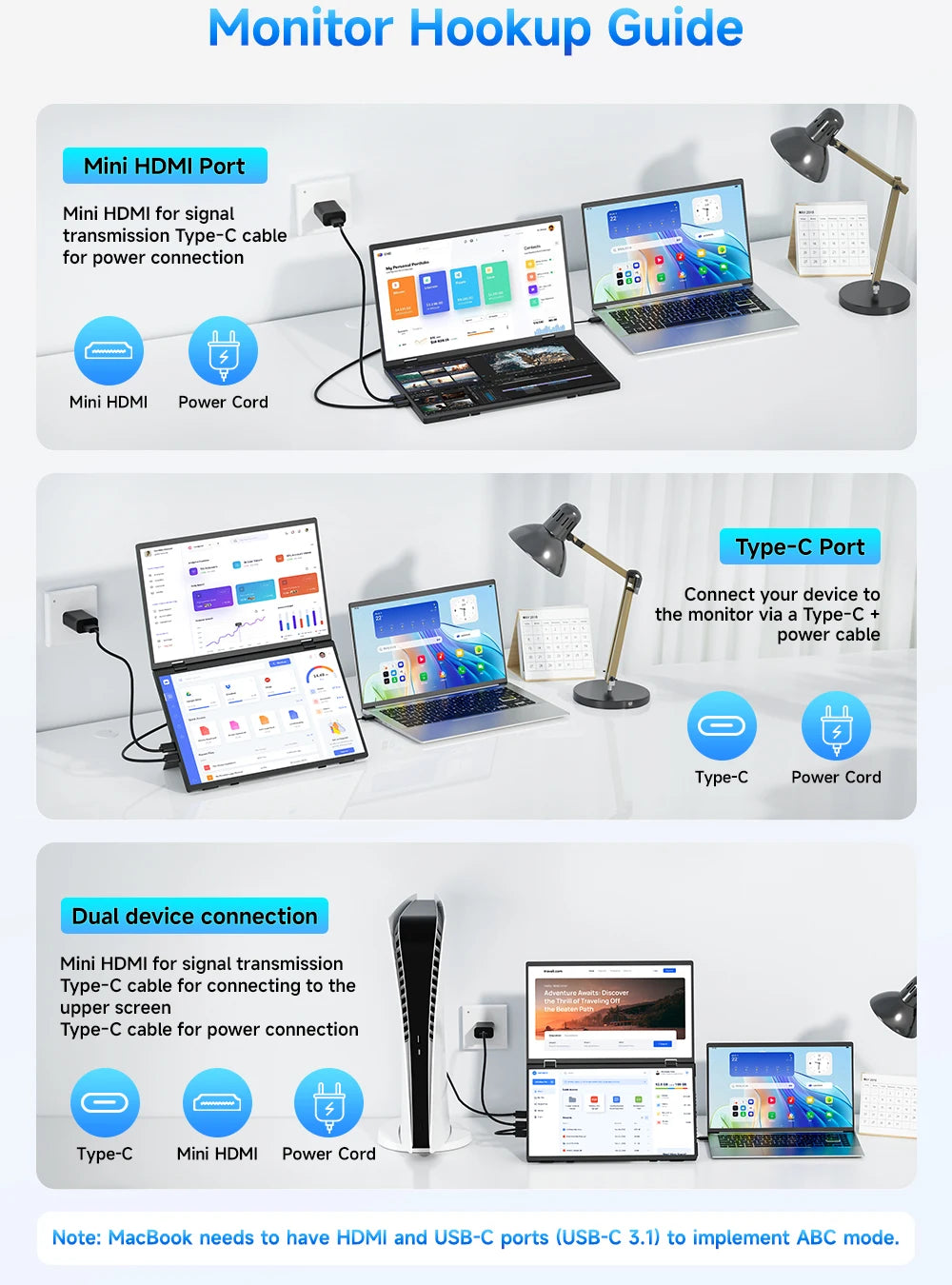 UPERFECT 15.6" Dual Portable Monitor for Laptop Screen Extender Folding Stacked Triple with Mini HDMI Office Computer Display