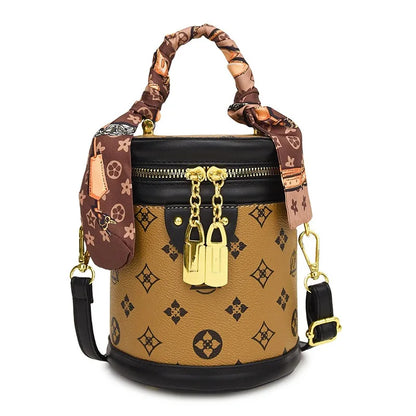 Stylish Printed Bucket Bag with Scarf Detachable Strap Shoulder Crossbody Bag for Women