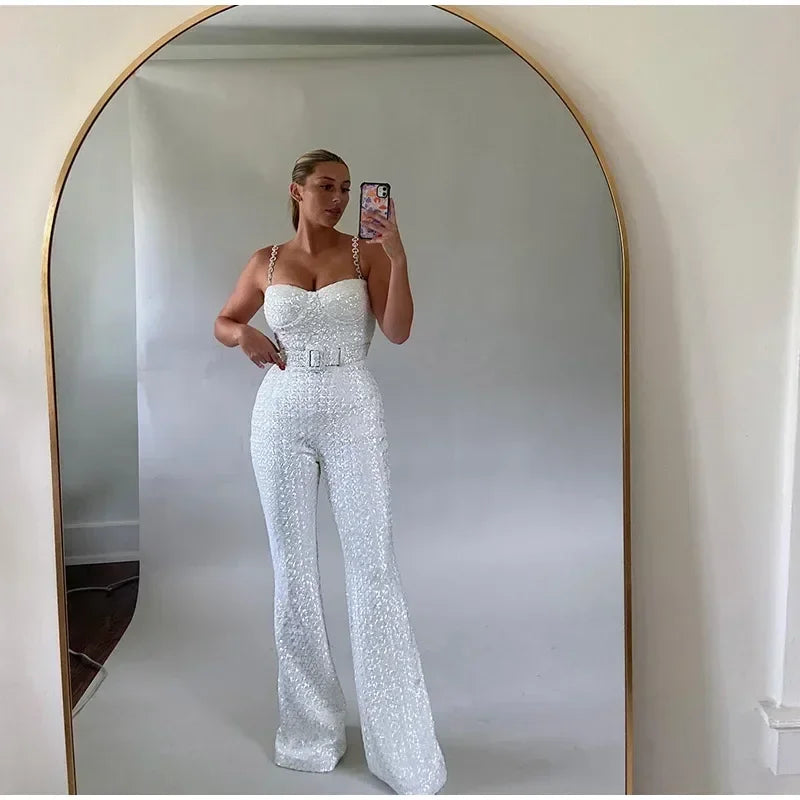 Fashion Wide Leg Sequin Jumpsuits Women Spring Backless Sleeveless Overall with Belt Female Elegant High Waist Chic Streetwear