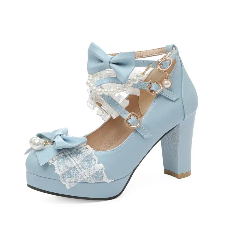 Cross Strap Women High Heels Mary Jane Pumps Party Wedding Cosplay White Pink Black Strawberry Bow Princess Cosplay Lolita Shoes