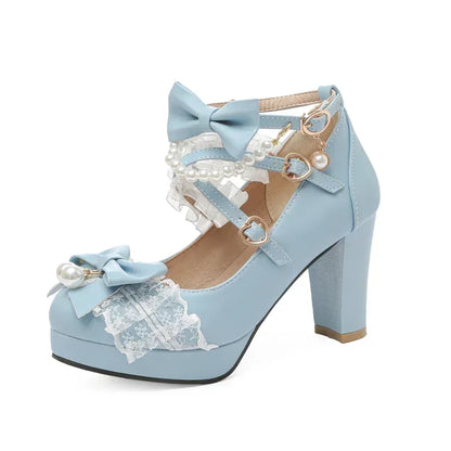 Cross Strap Women High Heels Mary Jane Pumps Party Wedding Cosplay White Pink Black Strawberry Bow Princess Cosplay Lolita Shoes