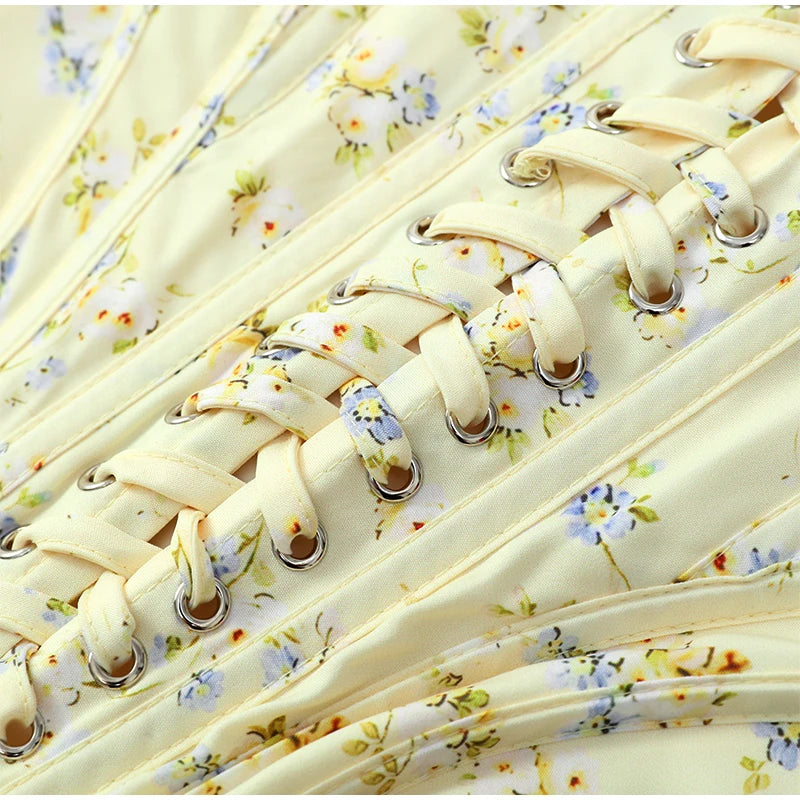 Yellow Flora Printed Corset Top Women Sexy Sleeveless Fishbone Bodycon Spaghetti Strap Lace Up Tops 2026 Lady Summer Party Vest