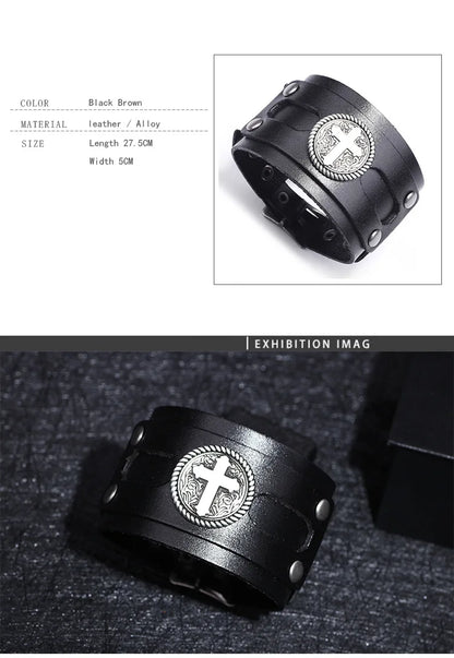 Kirykle Fashion Cross Stud Spikes Rivet Bracelet for Man Adjustable Leather Wristband Bangle Cuff Wide Cuff Punk  Jewelry Gift