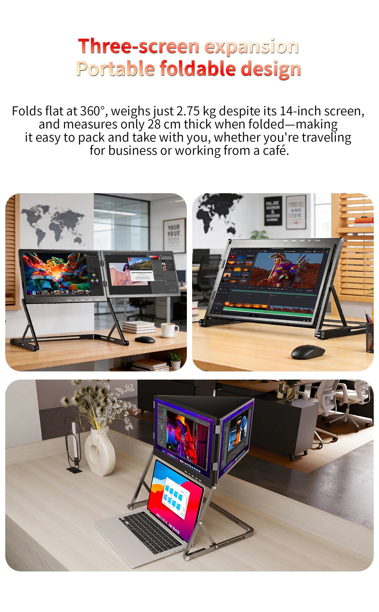 SIBOLAN 16 Inch Triple Screen Foldable Extender Display 2.5k/1080P IPS All-Metal Adjustable Stand USB C for MAC Laptop Travel
