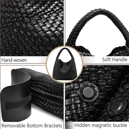 Woven Tote Bag for Women Large Woven Handbag Soft Leather Shoulder Bag Work Shopper Summer Beach Travel Tote Bag with Purse