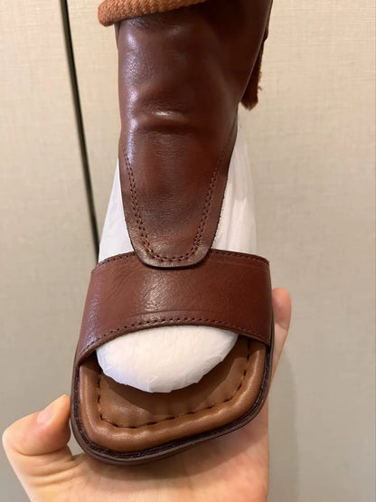 Birkuir High Top Open Toe Sandals For Women Summer Boots Luxury Hollow Out Beach Sandals Genuine Leather Flats Shoes Ladies