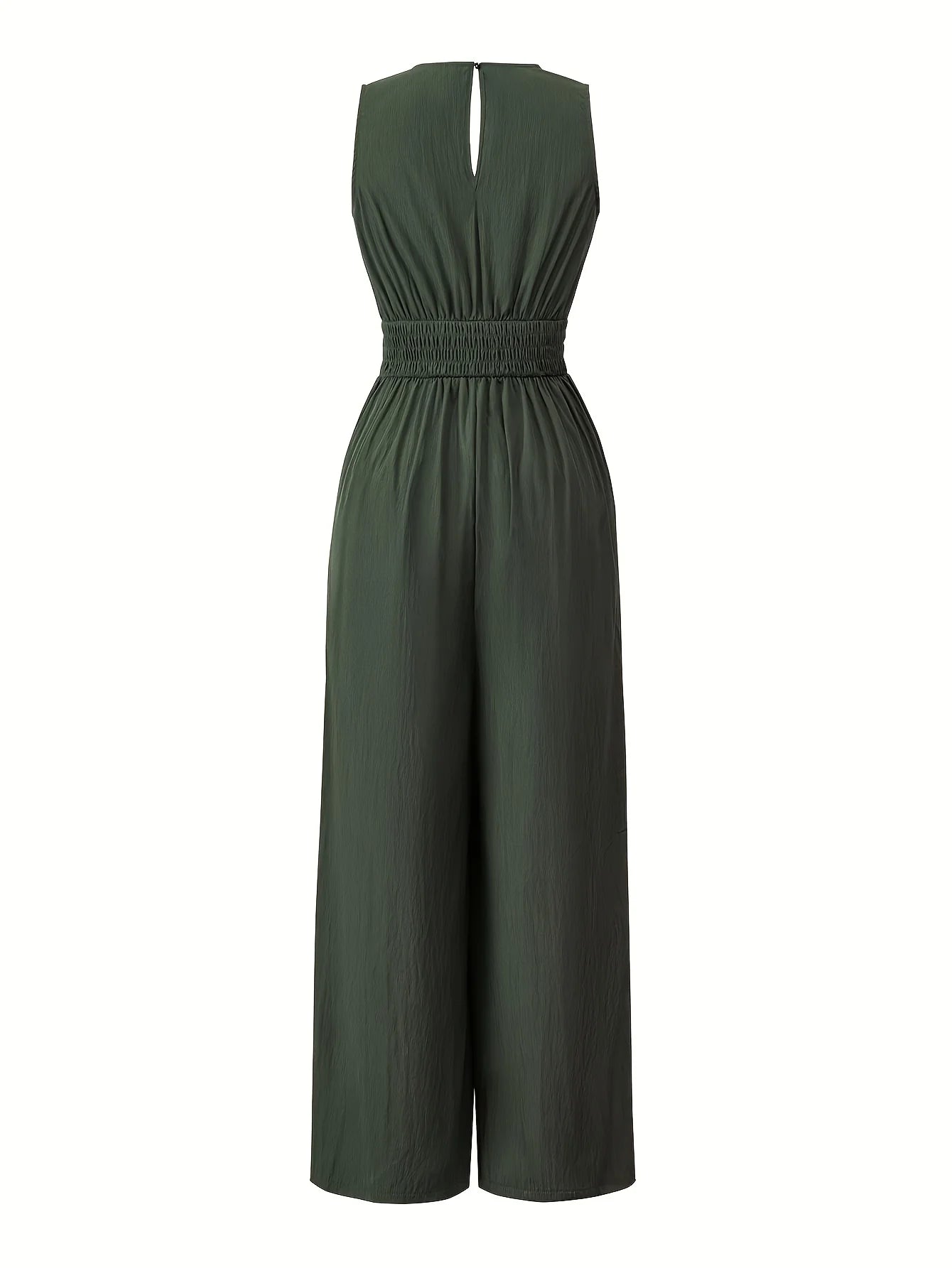 Wide-leg jumpsuit with V-neck, gathered back waist, tie-front, solid color women's pants