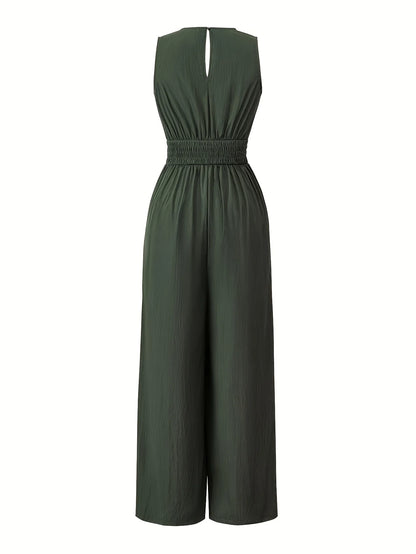 Wide-leg jumpsuit with V-neck, gathered back waist, tie-front, solid color women's pants
