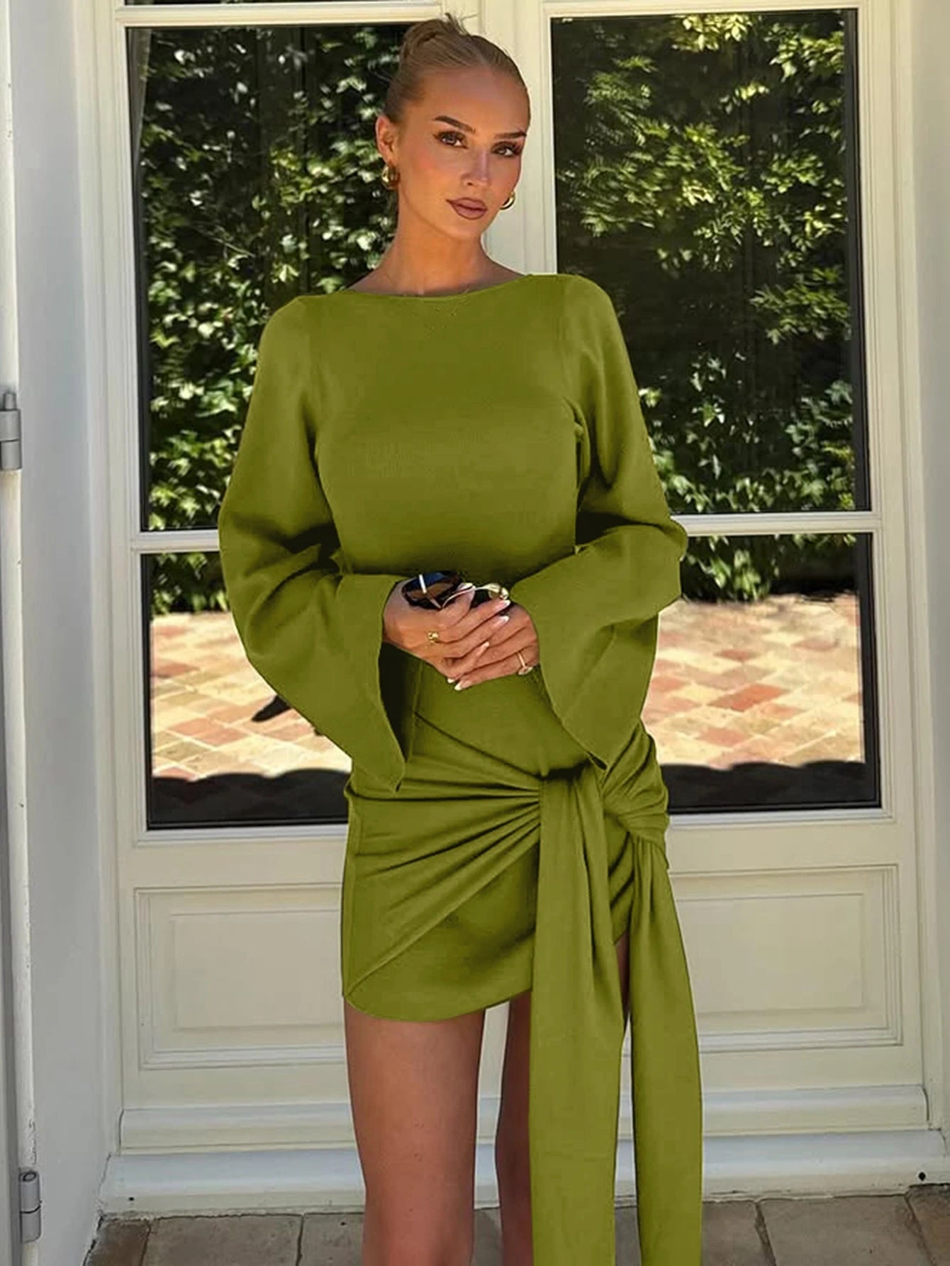 Dulzura 2025 Autumn Fashion Elegant O-Neck Long Sleeve Slim Fit Lace Up Mini Dress Ladies Solid Casual Clothes Party Club Outfit