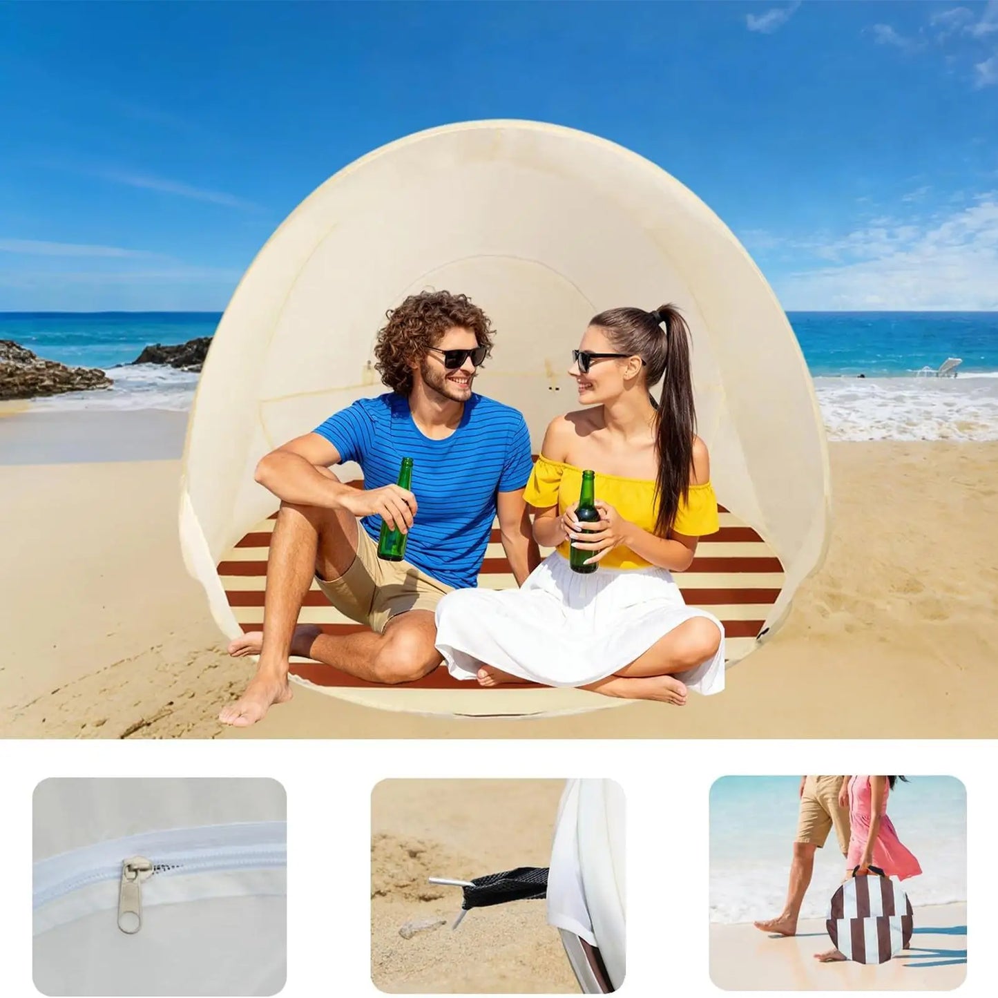 Portable Camping One Click Open 3-4 People Tent Large Space Sunshade Outdoor Beach Sun Shelter Tent Garden Beach Tent