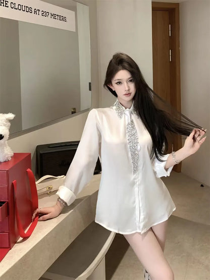 2025 Women's White Shirt New Spring Autumn Crystal Beading With Necktie Chiffon Shirt Female Blouses Ladies Tops Women Clothing