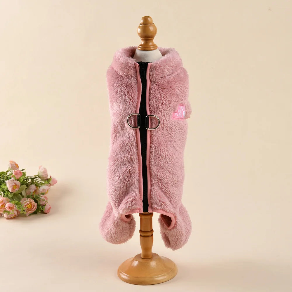 Soft Fleece Dog Clothes Winter Four Legs Covered Plush Pet Coat D-Ring Zipper Puppy Jacket Autumn Overall For Small Middle Dog