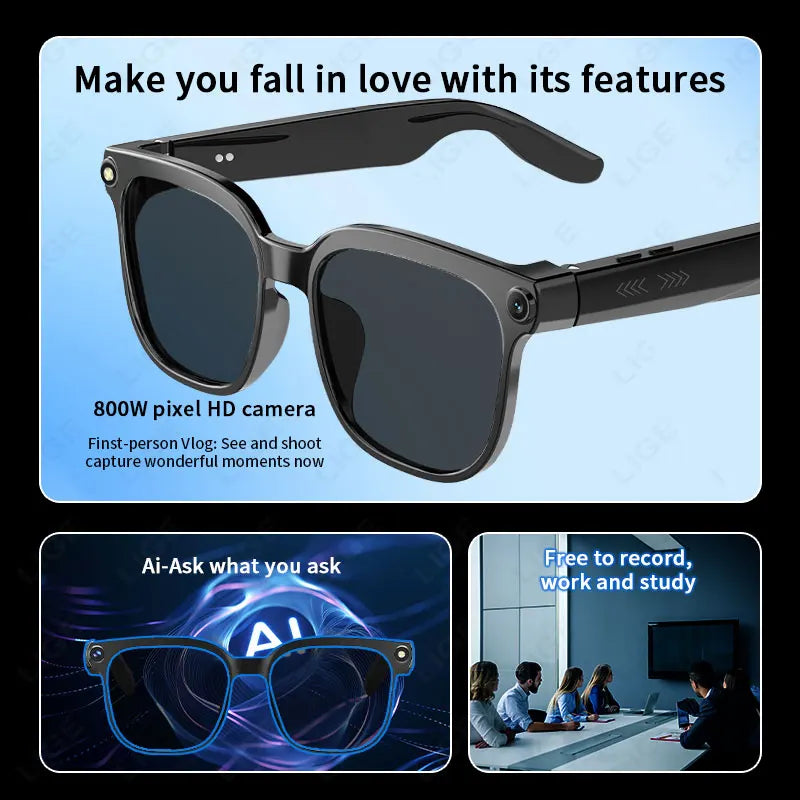 New AI Smart Glasses Camera 800W Bluetooth Sunglasses Women Photo Video Recording Dual Speaker Music Playback Smart Glasses Men