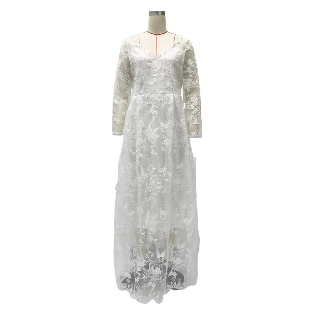 Detail Lace Cocktail Party Dress Floral Embroidere Maxi Dress Women Wedding Bride Dress Lace Long Sleeve Back Zipper Lace