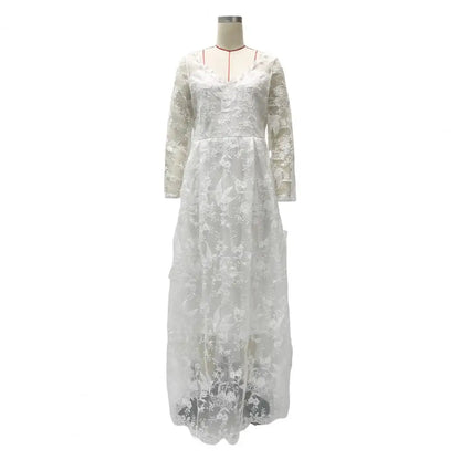 Detail Lace Cocktail Party Dress Floral Embroidere Maxi Dress Women Wedding Bride Dress Lace Long Sleeve Back Zipper Lace