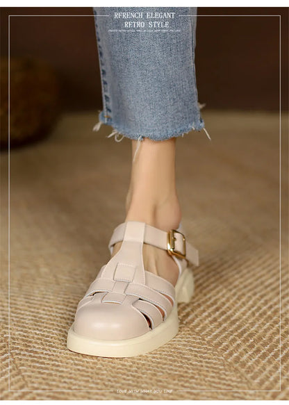 2023 Women Sandals Retro Genuine Leather Luxury Roman Sandals Casual Buckle Strap Summer Shoes GLADIATOR Thick Heel Women Shoes