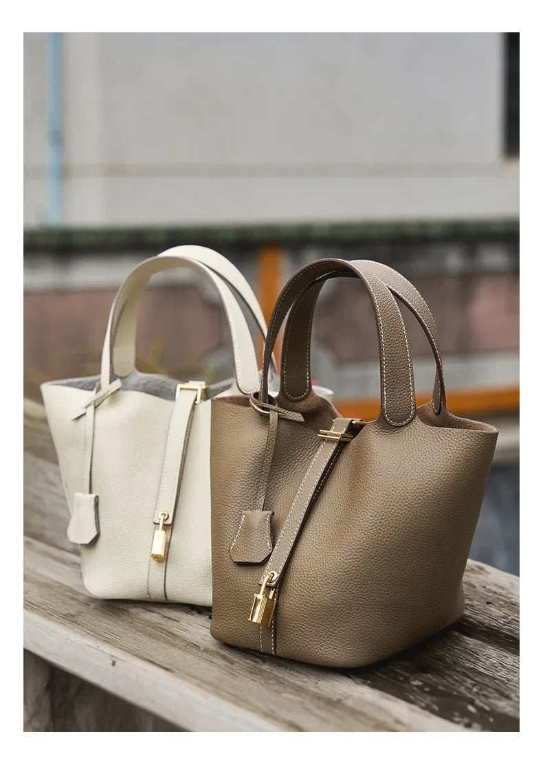 Genuine Leather Shoulder Bucket Bag Women Litchi Pattern Mini Basket Tote Soft Handbag Mommy Bride Wedding Bags with Lock