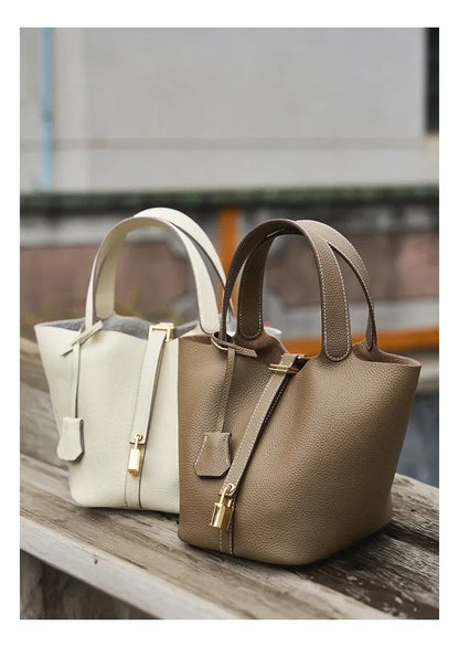 Genuine Leather Shoulder Bucket Bag Women Litchi Pattern Mini Basket Tote Soft Handbag Mommy Bride Wedding Bags with Lock