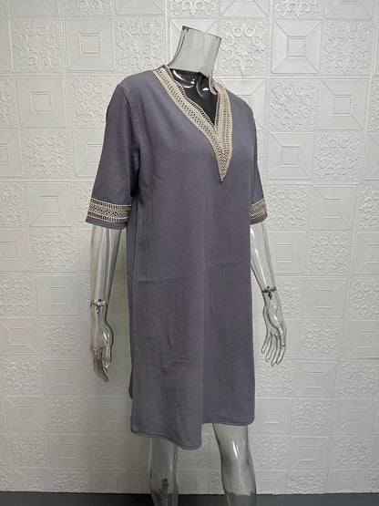 New solid color V-neck mid-sleeved elegant dress