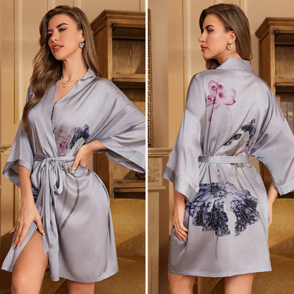 Navy Blue Print Flower Robe Nightgown Silk Satin Female Sleepwear Nightdress Spring Summer Loose Kimono Bathrobe Gown Home Wear