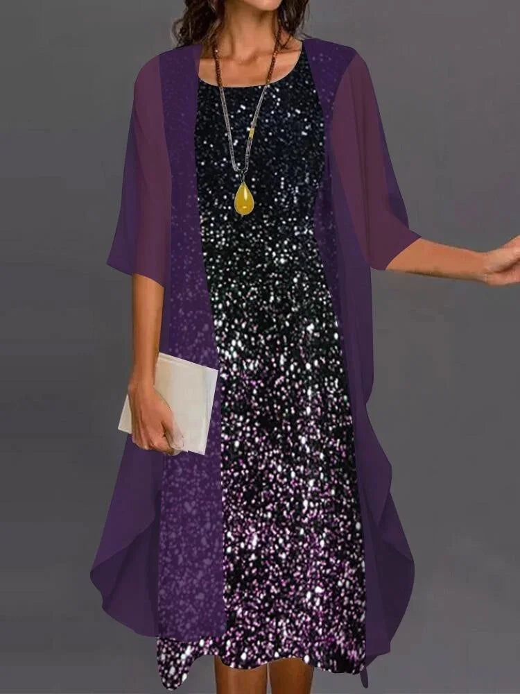 Fashion Women Chiffon Summer Sleeveless O-Neck Print Loose Party Dresses +Cardigan Shawl Elegant Casual Lady Two Piece Set Dress