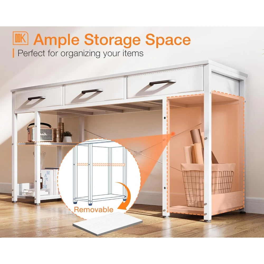 Small Computer Desk for Home Office, 48"x16" Writing Desk with Fabric Drawers & Storage Shelves, White