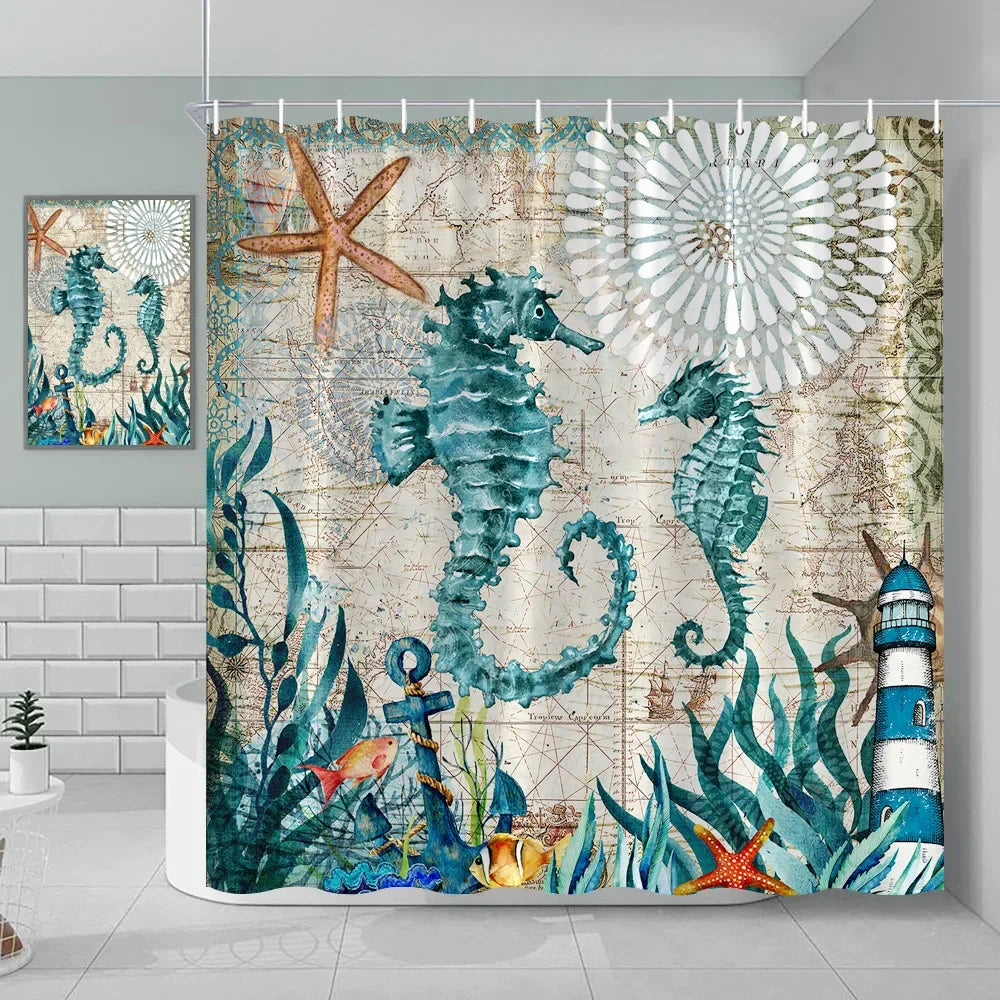 Nautical Green Sea Turtle Beach Theme Fabric Shower Curtain Set Bathroom Blue Ocean Decor with Grommets and Hooks