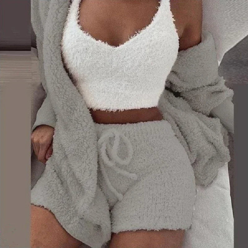 2026 New Women's Velvet Pajamas Set Sexy Crop Top+Shorts+Coat 3 Pieces Suit Sleepwear Casual Soft Clothes Homewear Pyjamas S-3XL