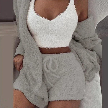 2026 New Women's Velvet Pajamas Set Sexy Crop Top+Shorts+Coat 3 Pieces Suit Sleepwear Casual Soft Clothes Homewear Pyjamas S-3XL