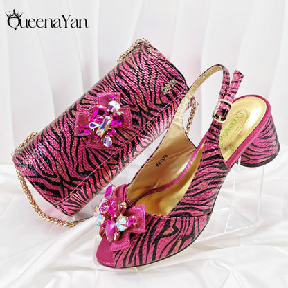 Queena Yan 2025 Women Elegant Gold High Heel Shoe and Matching Bag Set with Rhinestone Accents Stylish Peep Toe Design for Party