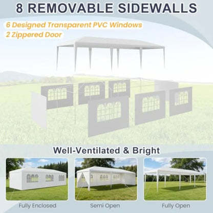 10x30 Party Tent with Sidewalls for Wedding, Party, Event Backyard Heavy Duty Waterproof PE Canopy, White, Steel Frame, 6 Remov