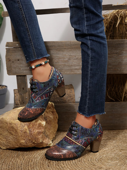 Women's Spring & Fall Short Boots, Bohemian Fashion Splicing Retro Short Boots, Casual Printed Western Leather Boots, Side Zippers, Suitable for Daily Commuting, Vacation, Parties