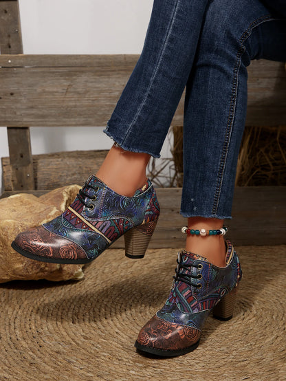 Women's Spring & Fall Short Boots, Bohemian Fashion Splicing Retro Short Boots, Casual Printed Western Leather Boots, Side Zippers, Suitable for Daily Commuting, Vacation, Parties