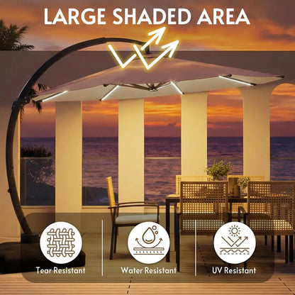 11FT Solar Powered LED Light Cantilever Patio Umbrella with Base Included, Large Cantilever Umbrella with, Customized