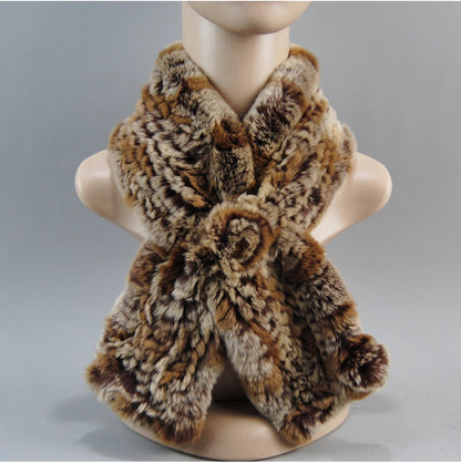 Hot Russian Women Knit Real Rex Rabbit Fur Scarf Lady Fashion Floral Rex Rabbit Fur Mufflers Hot Winter Warm Natural Fur Scarves