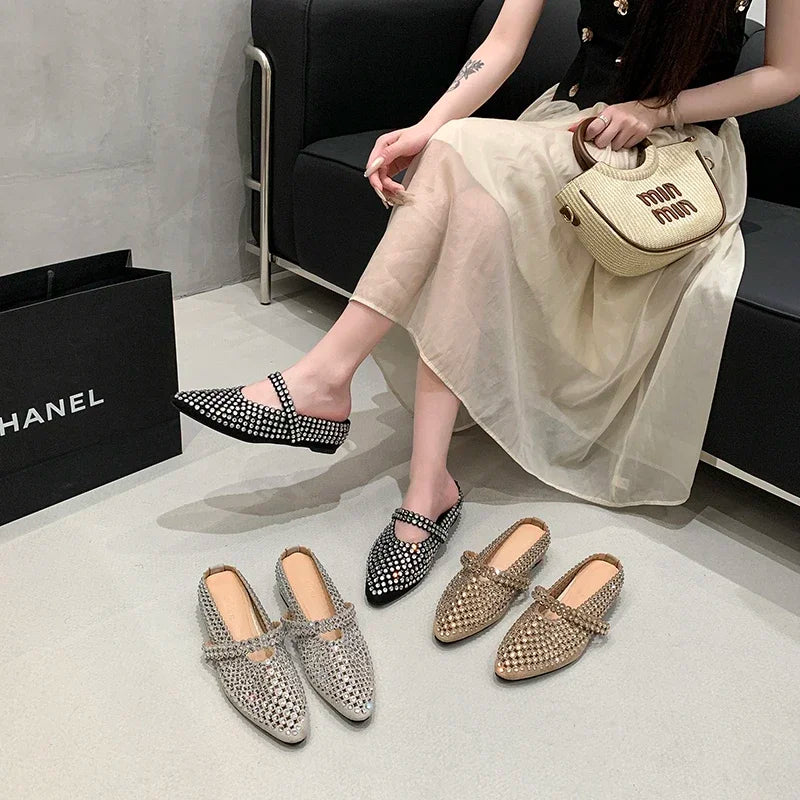 Crystal Women's Pointed Toe Slippers Luxury Flats Sandals Casual Mules Shoes Cozy New Trend Slides Fashion Dress Mujer Zapatos