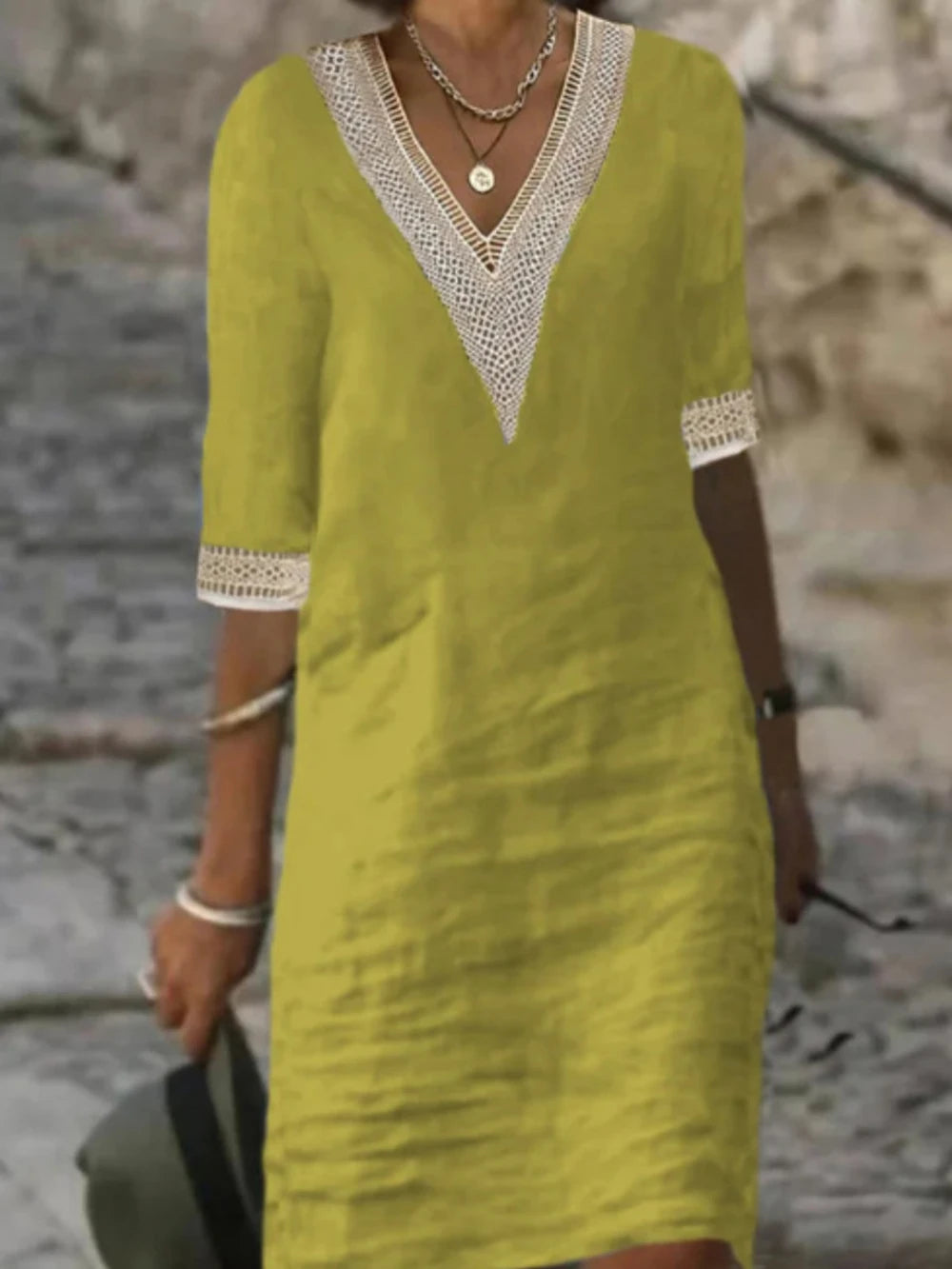 New solid color V-neck mid-sleeved elegant dress