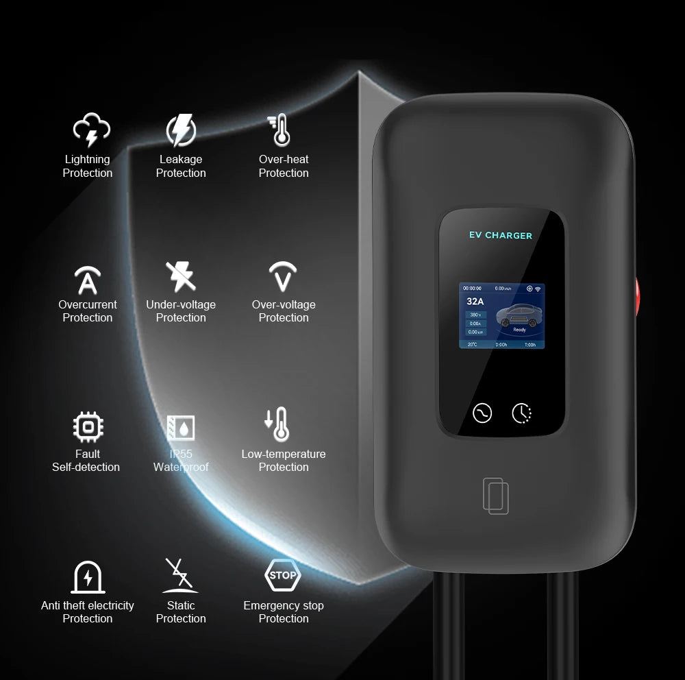 IPENGEN Type2 EV Charger Station 32A 7KW Charging Station 11KW 22KW 3Phase IEC 62196-2 EVSE Wallbox Smart Wireless APP Control