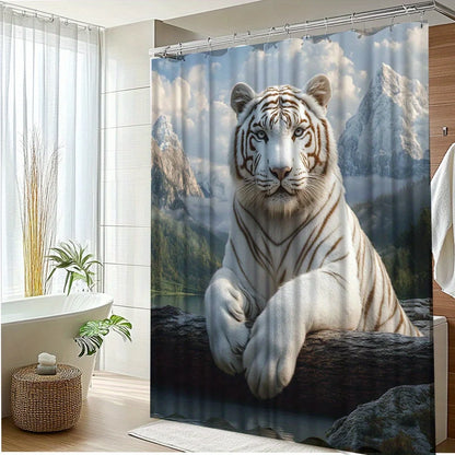 1pc Majeic White Tiger Shower Curtain - Scenic Mountain View with Majestic Tiger Design, Durable Polyester Fabric, Machine Washa