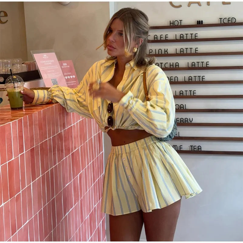Women's Striped 2 Piece-Set Casual Lapel Long Sleeve Lace-Up Cropped T-Shirt High Waist Shorts 2026 Spring Lady Fashion Outfit